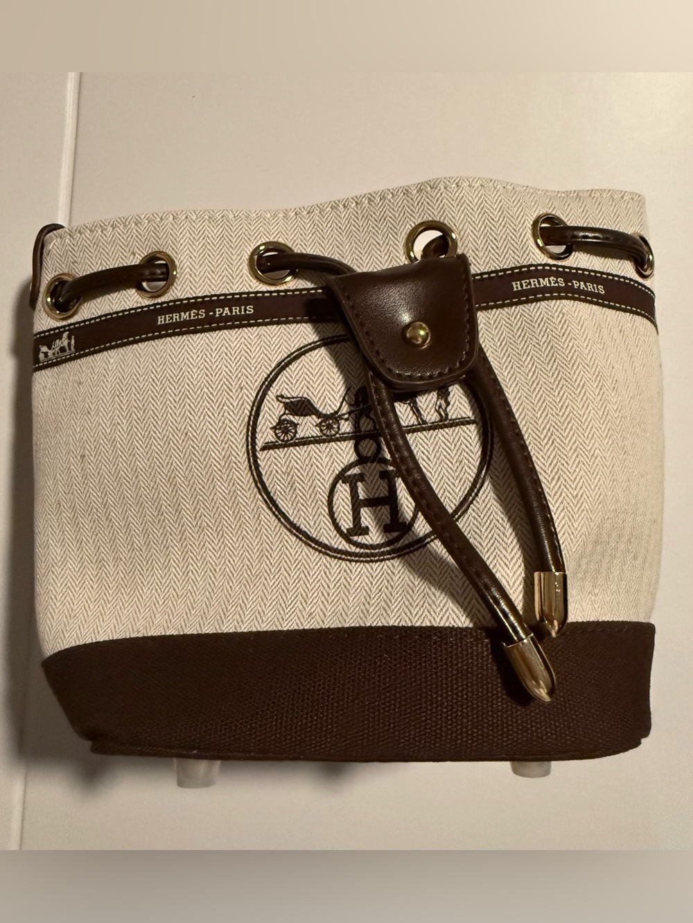 Hermes UPCYCLED Drawstring Dust Cover Bag in Cream and Brown with Two Straps